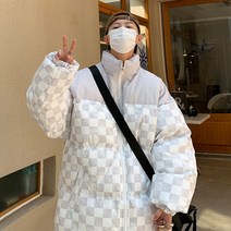 겨울 점퍼 기본핏 하프 후드 지퍼 빈티지 남성 바둑 체커보드 패딩 코트 니뽄스타일 트렌드
