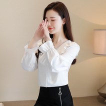 봄 프릴 브이넥 쉬폰 블라우스 여상의 초선양가죽 기질 셔츠