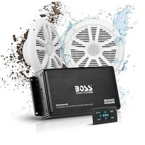 BOSS Audio Systems ASK904B.64 해양 보트 16.5cm(6.5인치) 스피커 및 4채널 앰프 - 500 고출력 블루투스 리모컨 USB 보조 방수 파우치 스, Amp System + 2 Speaker Package
