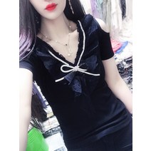 레이스 패치워크 반팔티 여성 디자인감각 브이넥 라인 t셔츠 오프숄더 어깨트임 슬림 상의 2278815352