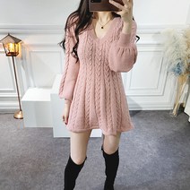 비니케이즈 무배 v넥 벌룬소매 꽈배기 플레어 니트 미니 봄 하객 결혼식 데일리 꾸안꾸 원피스 4컬러
