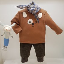 아가방 50% 겨울 베이비페어! 겨울 브라운 기모 맨투맨 유아 상하세트! 체크 스카프도 같이 기모 상하복 죠거식 기모 바지 요것도 찐 이뻐 귀엽게 따뜻하게 외출복 놀이복