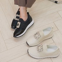 런슈즈 사각 큐빅 천연소가죽 슬립온 여성 발편한 쿠션 운동화