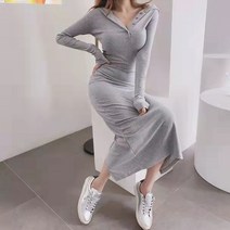 HONGKANG 캐주얼 후드 슬림 롱 트임 랩 원피스 롱 원피스