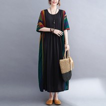 반팔 맥시 롱 원피스 5부 라운드넥 루즈핏 넉넉한 중년 큰옷 배색 빅사이즈 엄마옷