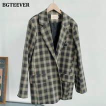 여성 가을 겨울 자켓 블레이저 여성용 빈티지 느슨한 체크 무늬 블레이저 2021 봄 긴