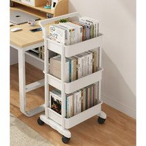 이동식 책장 선반 바퀴달린 트롤리 스낵 잡화 책 독서 보관 책상옆 카트 수납 보관, 4단 이중팔걸이- 블랙