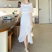 잇츠스타일 여성 라운드넥 여신 스타일 화이트 쉬폰 언발 롱 원피스