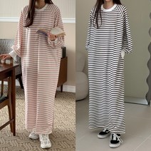 봄 기본 베이직 심플룩 빅사이즈 키큰여자 총장 130cm 단가라 스트라이프 면 루즈핏 롱 원피스