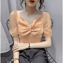 상의 오렌지 리본 브이넥 블라우스 여름 여성 화이트 반팔 슬림핏 상의