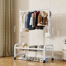 철제 스탠드 옷걸이 이동식 옷 행거 2단 수납 선반, 1단 화이트 길이 100cm, 대담하고 두꺼운 22 파이프 직경