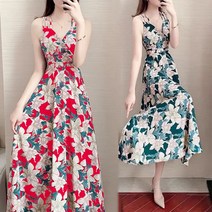 tagi 여성 잔꽃 무늬 롱 원피스 빅사이즈 쉬폰 멜빵 스커트 루즈핏