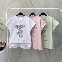 행복여[신상무배]루시 드로잉 플라워 레터링 반팔 티셔츠