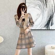 베이지 체크 포인트 올드머니룩 명절며느리룩 청셋업 바스락 결혼식 하객룩 니트 투피스 세트