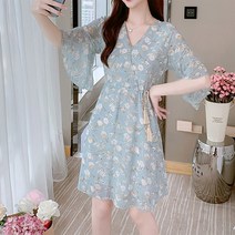여자 러블리 화사한 플라워 브이넥 쉬폰 미니원피스
