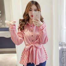 리본 블라우스 타이 스카프 봄 여성 타탄체크 패치워크 셔츠 오피스 캐주얼 띠
