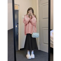 SJW 겨울 여성용 브이넥 꽈배기 스웨터 롱 니트 소프트 무지 기본 빅사이즈