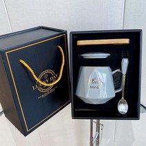 Z3JC 패밀리룩 심플 머그컵, 연회색 세라믹스푼(뚜껑+스푼+나무매트+선물세트)