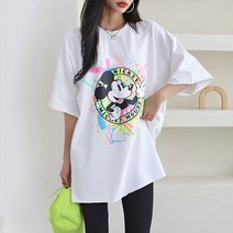 오브치치 빅사이즈 롱티셔츠 미키마우스 반팔티셔츠 여름 루즈핏 반팔 롱티 형광나염 티셔츠