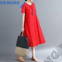 SHENGHUI여 봄 여름 라운드 레이스 펀칭 빅사이즈 루즈핏 A라인 원피스SH7*2LW