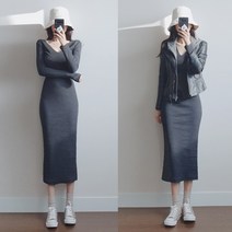나날샵) 브이넥 롱원피스 니트원피스 가을원피스 겨울원피스 홈 웨어 원피스