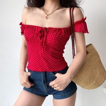 도트 오프숄더티 레드 크롭티 민소매 티셔츠