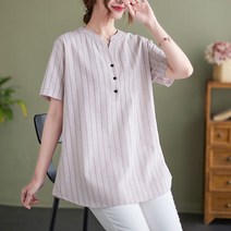 스트라이프 반팔 셔츠 여 여름 루즈핏 미디엄 카카매이 A25 B871N937