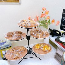 베이커리 마카롱 스콘 쿠키 간식 진열대 3단 스탠드 멜라민 원형 트레이 쟁반 세트, 3단스탠드_멜라민 원형 트레이 브라운 5개