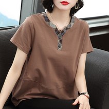순면 티셔츠 여 반팔 루즈핏 양기 반팔 중년 엄마 40세 빅사이즈 브이수령하다