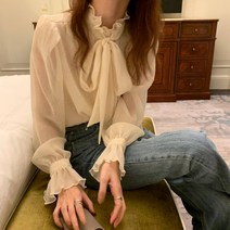 리본 반목 나팔소매 긴팔 블라우스 셔츠 가을 간절기 프릴