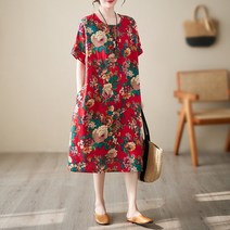 풍기인견 50대 엄마옷 중년 원피스 빅사이즈 빨강 꽃무늬 라운드넥 박시핏 반팔 여름