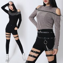 난타 어깨트임 체인 프린지 티셔츠