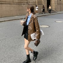 자켓 가죽 레더 여성 간절기 블랙 노카라 짧은 에코레더 크롭 가을 오버핏 라이더