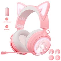 귀안아픈 무선 레이저 헤드셋 게이밍 RGB USB 게임 귀여운 고양이 귀 헤드폰 빛 유연한 마이크 헬멧 스테레오 음악 이어폰 게이머 여자 선물, 핑크 2.4g 무선