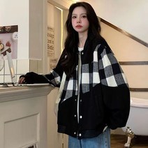 WZC 봄가을 야구점퍼 야구자켓 체크 배색 스냅 자켓 점퍼 아우터 여성의류 빅사이즈 S~3XL