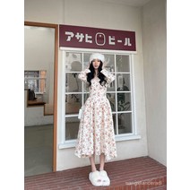 봄가을 여행코디 플라워 디자인 부드러운 미디 기장 원피스