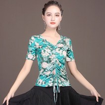 urkoteer이쁜 꽃무늬 3가지 색상 앞 셔링 댄스복 상의 반팔 티셔츠