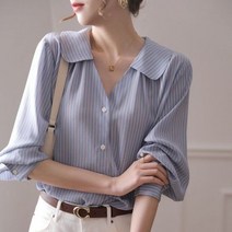 소라색셔츠 2022 봄 여름 새로운 패션 디자인 블루 스트라이프 긴 소매