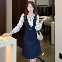 여성 봄 프렌치 레이어드 허리 벨트 네이비 원피스 엘레강스 블라우스 패치 오피스룩