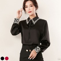 도오빠 디오드 여성 블라우스 셔츠 긴팔 리본 화려한 패턴 벌룬소매 퍼프소매 와이드카라 여자셔츠