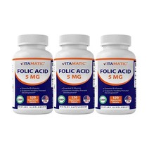 3 Pack Vitamatic Folic Acid 5mg (5000 mcg) 120 Vegetarian Tablets (Vitamin B9 Folate) (Total 360 Tab