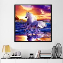 새희망 일출 바다를 달리는 잘생긴 백마 보석십자수 말그림 비즈 큐빅 공예, 90x90cm