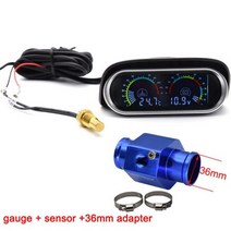 HD 12V 24V 자동차 LCD 물 온도 측정기 온도계 전압계 게이지 2 1 및 전압 10mm 센서 어댑터 18NPT, With 36mm adapter, With 36mm adapter