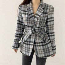 넷투넷코리아 여성 루즈핏 캐주얼 체크자켓 허리끈 심플 아우터