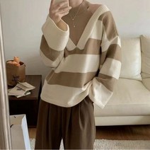 어깨 트임 니트 오프숄더 스트라이프 스웨터 여성 오버핏 풀오버