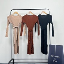 oshu / 데일리 심플 골지 짜임 트임 쫀쫀 브이넥 롱원피스