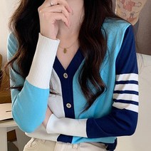 브이넥 블루 배색 니트 가디건 여성 화사한 봄가디건