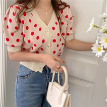 BANHANY 헤일라 도트 땡땡이 브이넥 퍼프 반팔 니트 2color 2030302