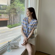 여자 배색 단가라 브이넥 골지 반팔 니트 가디건