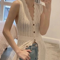 여성 V넥 롱 민소매 조끼 단추 가디건 그물 베스트 원피스